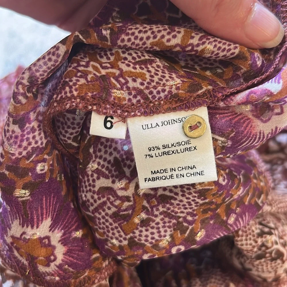 Ulla Johnson Burgundy Floral Ruffled High-Neck Blouse